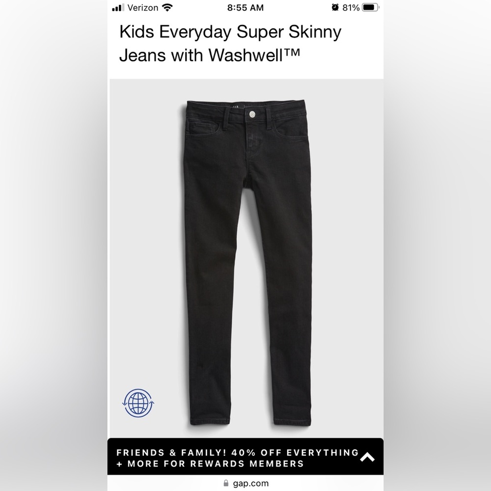 Gap Girls Stretch Super Skinny Black Jeans Size 12.